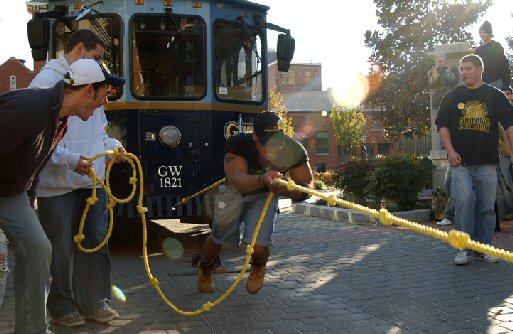 William Alexander successfully pulling the trolley at the George Washington University Strongman Competition